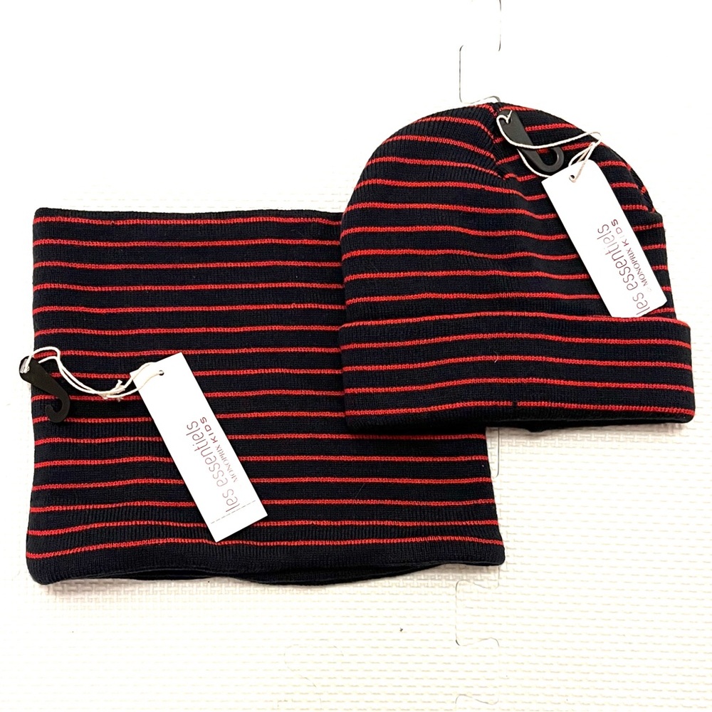 Kids Knit Beanie & Neck Warmer Set Navy Red Stripe 3-6Y NWT